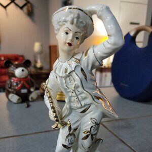 Vintage Yoko Boeki Nippon Japan White and Gold Porcelain Man Musician Figurine C
